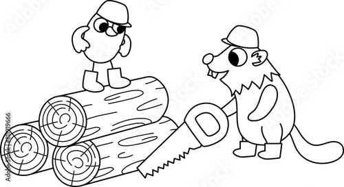 Vector black and white bird in hard hat standing on the log near builder beaver with saw. Construction site workers line illustration for kids with funny characters. Cute repairmen coloring page.