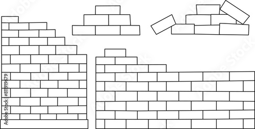Vector black and white brick wall set. Construction site illustration. Brickwork pile line clipart or coloring page isolated on white background.