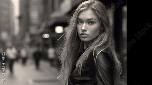 A portrait of  woman wearing a black jacket stand in a road unique hair style © Muhammad