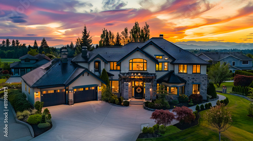 A large home with a beautiful sunset in the background. photo