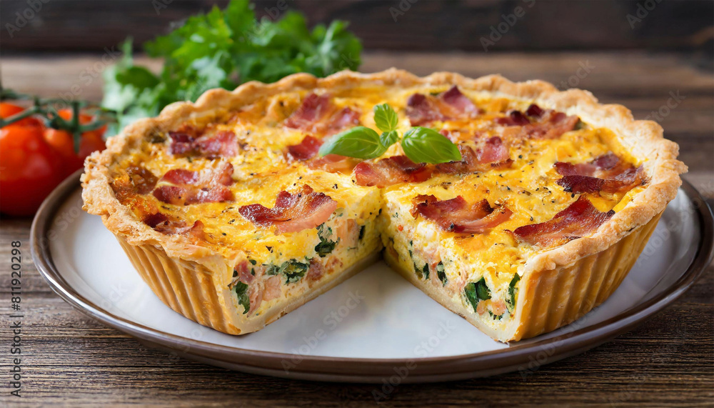 Bacon, cheese and basil quiche on a platter with a slice missing. Bacon, cheese and basil quiche on a platter with a slice missing.