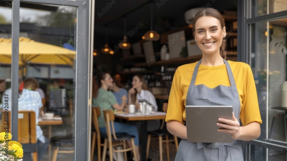 Smiling woman in apron holding tablet in front of eatery Smiling woman in apron holding tablet in front of eatery