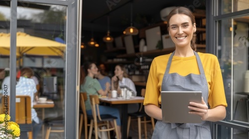 Fototapeta Naklejka Na Ścianę i Meble -  Smiling woman in apron holding tablet in front of eatery