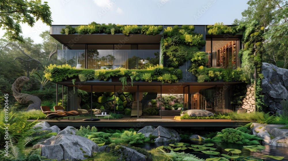 A house fully covered with a variety of green plants thriving on its exterior walls A house fully covered with a variety of green plants thriving on its exterior walls