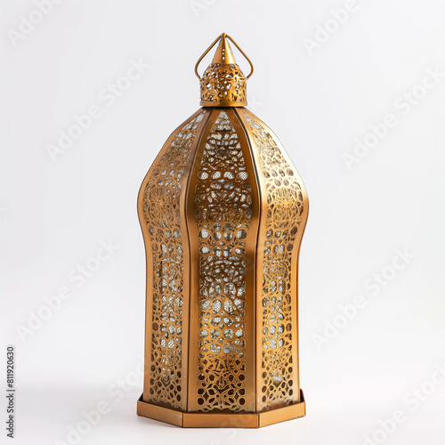 top view of product photography of a ramadan golden lantern, white background