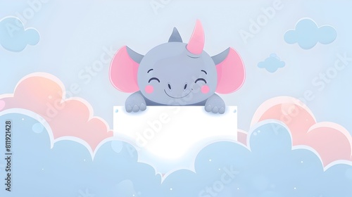 Cute Cartoon Elephant Peeking Through Clouds in Whimsical Pastel Sky Scene