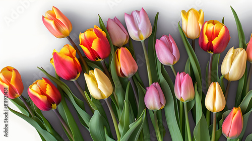 Colorful tulips flowers isolated on transparent background  Top view flat lay. Valentine s  womens  mothers day  birthday or wedding concept. PNG  cutout.