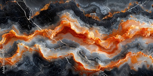 Dramatic Textured Black Marble with Vibrant Orange Geological Formations and Fractures photo
