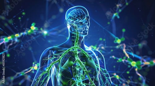 This image shows a clear view of the lymphatic system in the human body, Generated by AI photo