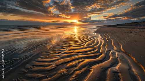 plage de sable avec traces de pas au soleil couchant --ar 16:9 photo