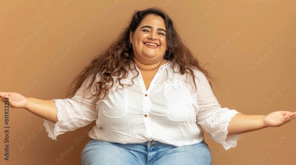 Happy Hispanic woman sitting on top of chair, arms outstretched Happy Hispanic woman sitting on top of chair, arms outstretched