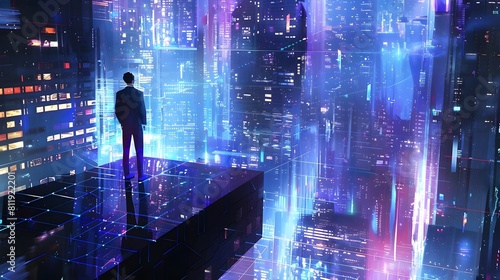 Futuristic Cityscape with Glowing Skyscrapers and Neon Lights in the Night Sky