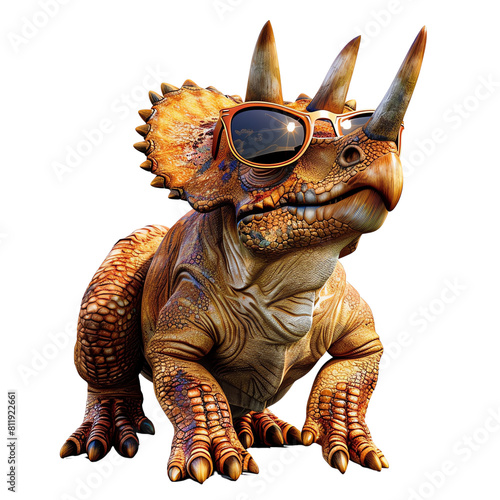 The image shows a baby triceratops wearing sunglasses