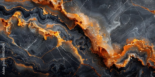 Mesmerizing Monochrome Marble Backdrop with Fiery Orange Fluid Flows and Dramatic Geological Patterns