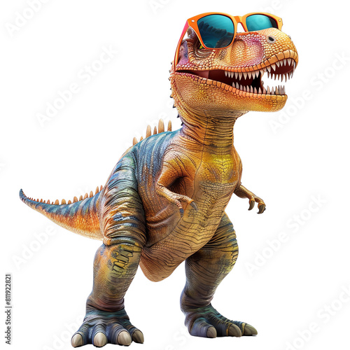 The image shows a cartoon dinosaur wearing sunglasses. The dinosaur is smiling and looks happy. It is standing on two legs and has its arms outstretched. The background is white.