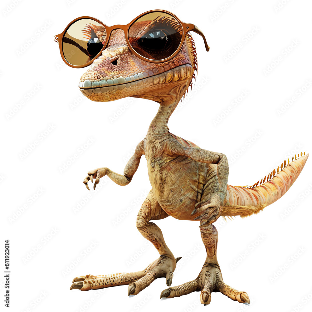 Fototapeta premium The image shows a small dinosaur wearing horn-rimmed glasses