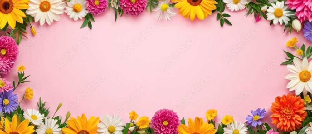 Illustration of vibrant spring flowers arranged on a flat background Illustration of vibrant spring flowers arranged on a flat background