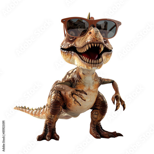 The photo shows a baby dinosaur wearing sunglasses. It looks very cute and funny.