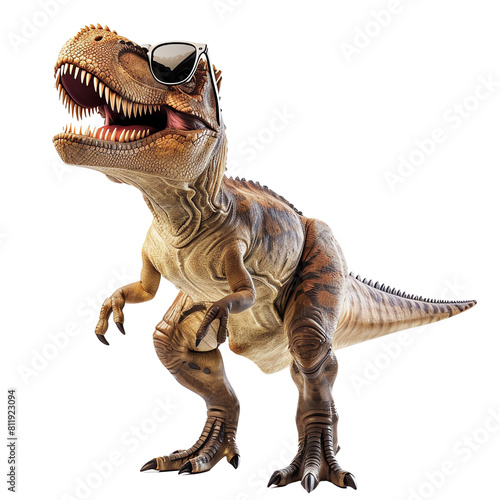 The photo shows a realistic rendering of a baby T-Rex dinosaur. It has brown and tan scales  sharp teeth  and is wearing sunglasses.