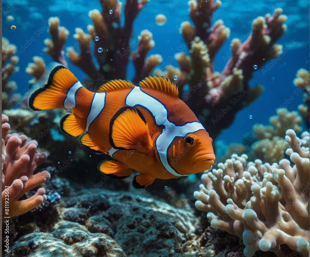 An orange clownfish on a background of blue water, surrounded by colorful coral and bubbles. An orange clownfish on a background of blue water, surrounded by colorful coral and bubbles.