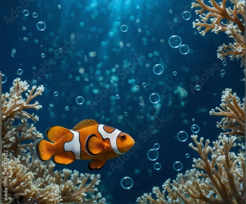 An orange clownfish on a background of blue water, surrounded by colorful coral and bubbles.