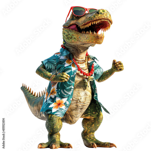 A green dinosaur wearing sunglasses and a hawaiian shirt is dancing.