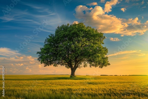Photo of a lone tree in the middle of an open field at sunset 