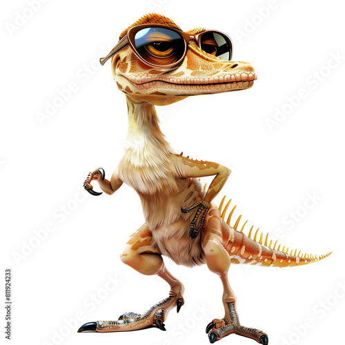 A small dinosaur wearing sunglasses is standing on two legs, with one hand on its hip and the other hanging by its side. It has a confident expression on its face. photo