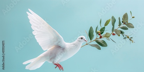 Notion of fresh starts, belief, and opulence in all over depicted by an ascending dove holding an olive branch over a pale blue setting and space, Generative AI.