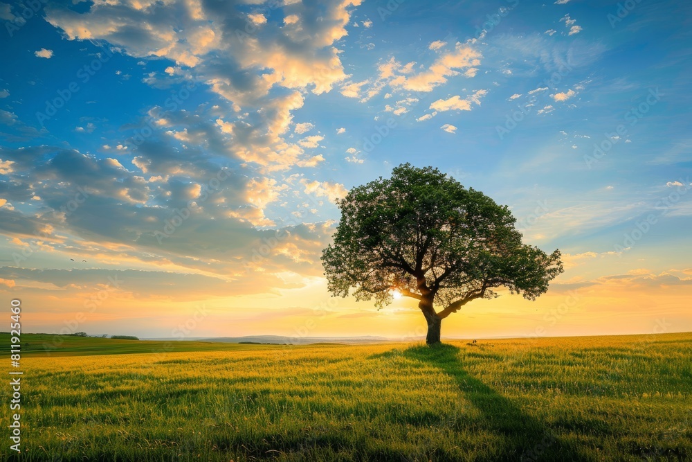 Fototapeta premium Photo of a lone tree in the middle of an open field at sunset