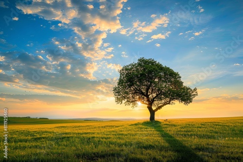 Photo of a lone tree in the middle of an open field at sunset 