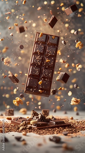Chocolate bar explosion with nuts and toppings