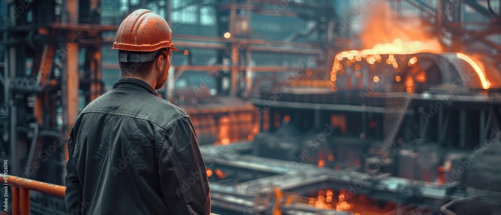 Steel mill worker wearing hard hat looking at molten metal being poured.