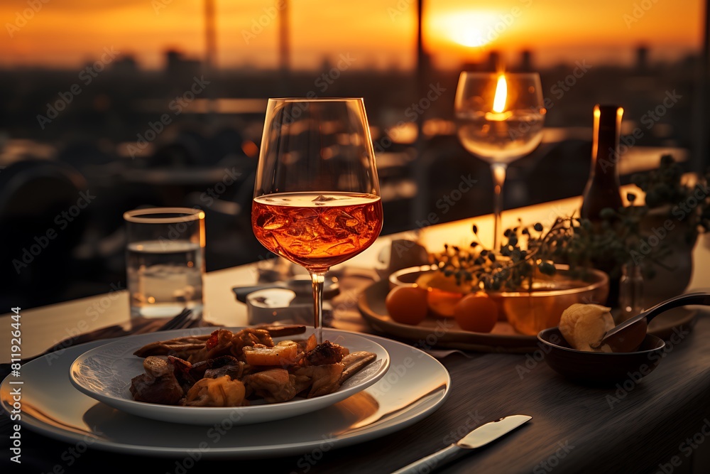 Table set for dinner in a restaurant terrace with sunset evening view