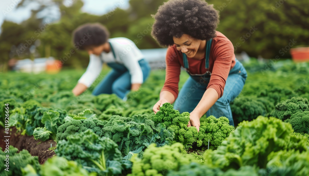 Green salad harvesting moment. Two workers in the field collecting healthy broccoli plants. Agriculture industry and local small business concept image. Green salad harvesting moment. Two workers in the field collecting healthy broccoli plants. Agriculture industry and local small business concept image.