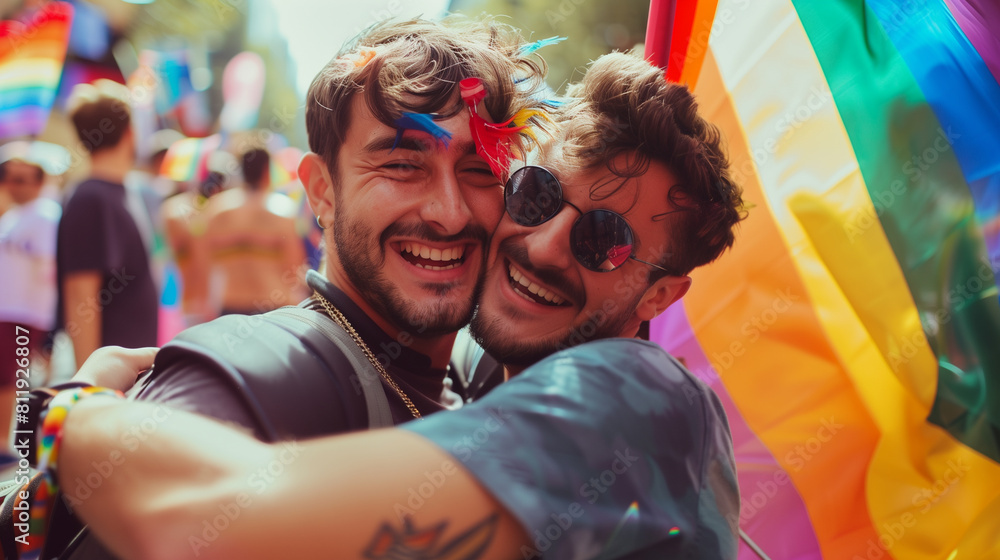 Cheerful friends gay men at the pride parade, lgbtq community
