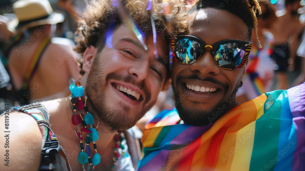 Cheerful friends gay men at the pride parade, lgbtq community Cheerful friends gay men at the pride parade, lgbtq community