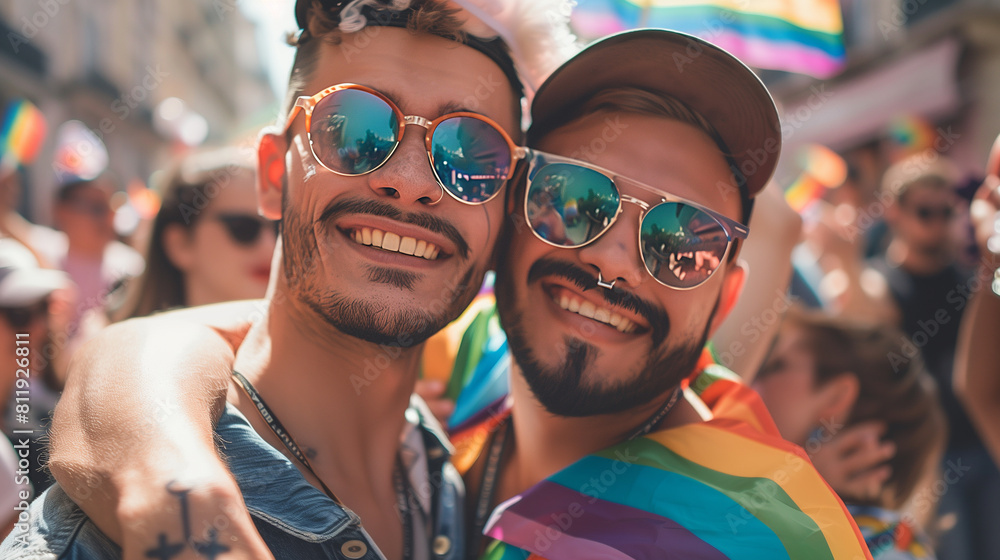 Cheerful friends gay men at the pride parade, lgbtq community