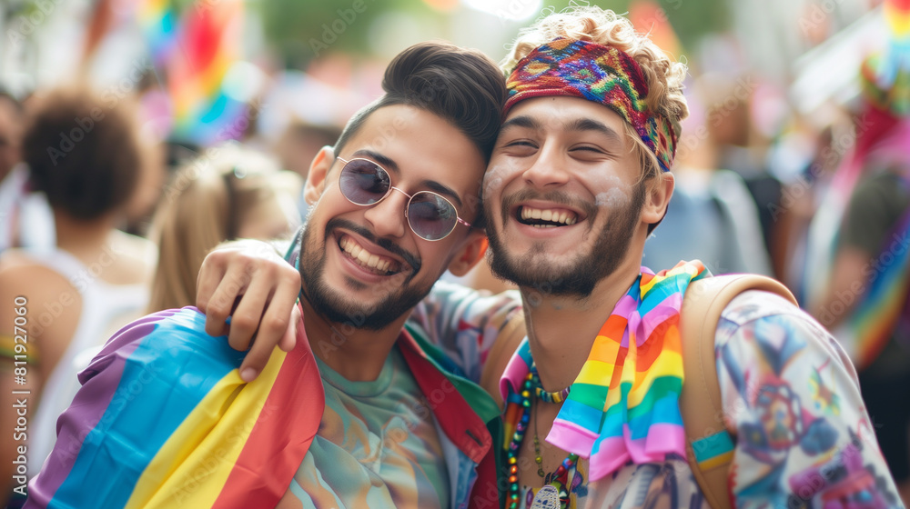 Cheerful friends gay men at the pride parade, lgbtq community Cheerful friends gay men at the pride parade, lgbtq community