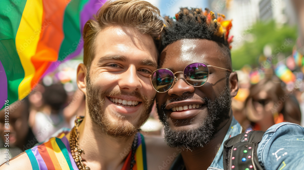 Cheerful friends gay men at the pride parade, lgbtq community Cheerful friends gay men at the pride parade, lgbtq community