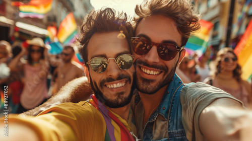 Cheerful friends gay men at the pride parade, lgbtq community