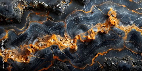 Stunning black marble with intricate swirls and veins of warm colors,creating a captivating abstract textural background
