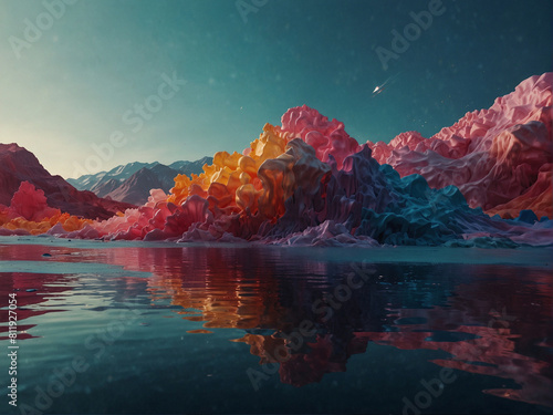 Surreal Candy-Colored Mountain Landscape with Reflective Lake