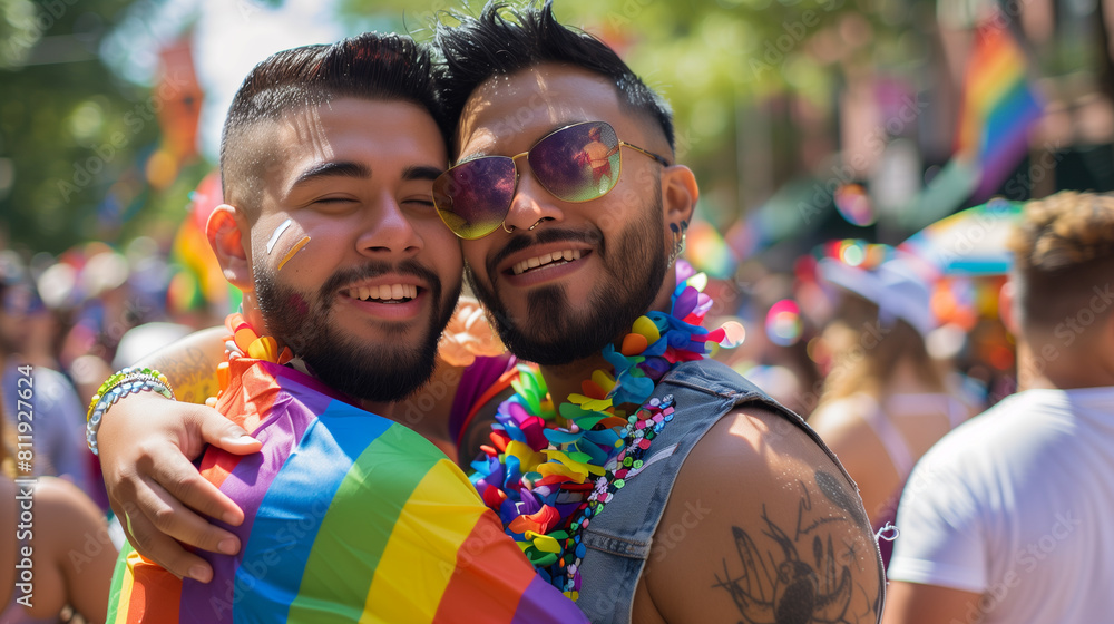 Cheerful friends gay men at the pride parade, lgbtq community Stock ...
