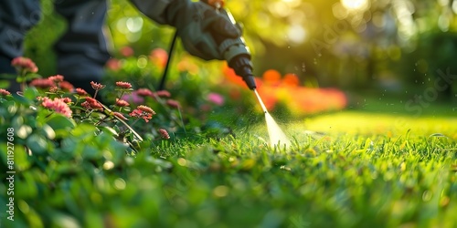 Pest control: sprinkling a green grass with insecticide. Generative Ai photo