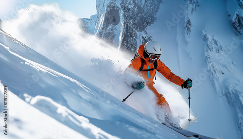 Fast moving freestyle skier in open terrain off-piste deep powder snow in the rocky high mountains dressed orange with modern skiing equipment. Extreme people leisure and activity concept