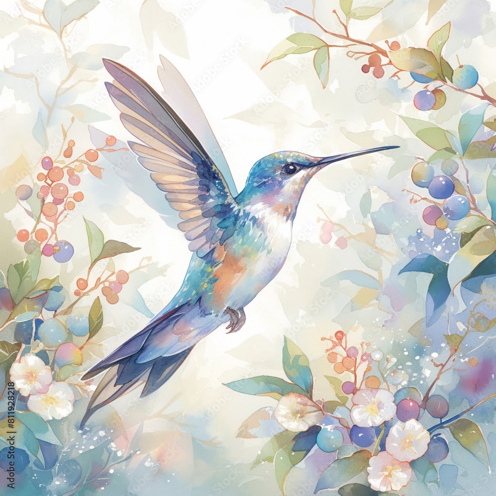 Hummingbird mid-hover, watercolor, vibrant feathers, delicate wings, eye level, soft floral background 