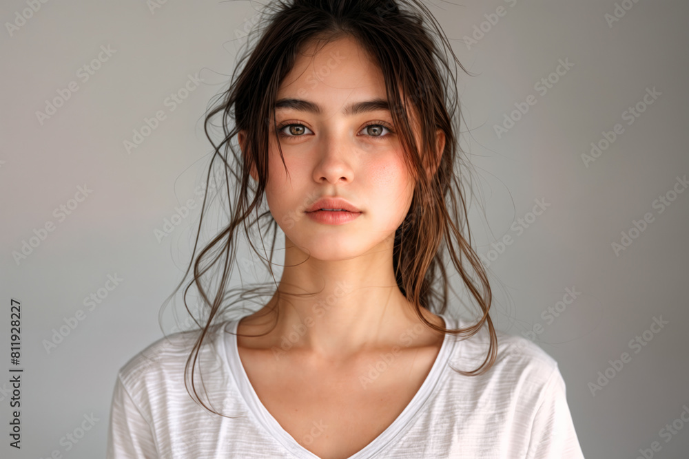 Young woman with messy topknot against light grey minimalist blank background with copy space Young woman with messy topknot against light grey minimalist blank background with copy space