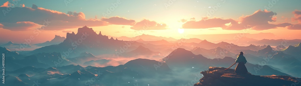 Majestic mountain range, watercolor, sunrise hues, breathtaking view, panoramic angle 