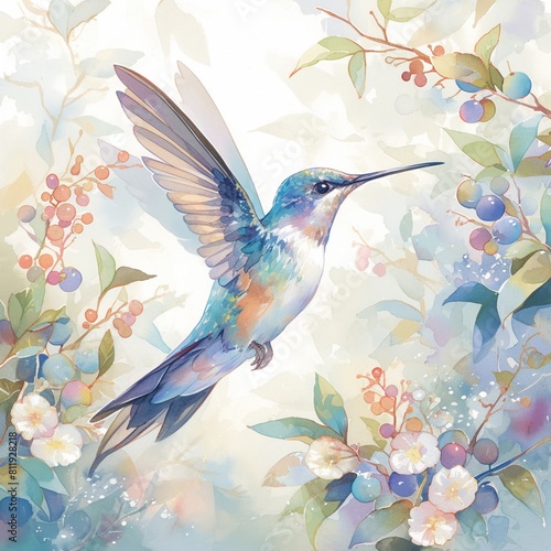 Hummingbird mid-hover  watercolor  vibrant feathers  delicate wings  eye level  soft floral background 